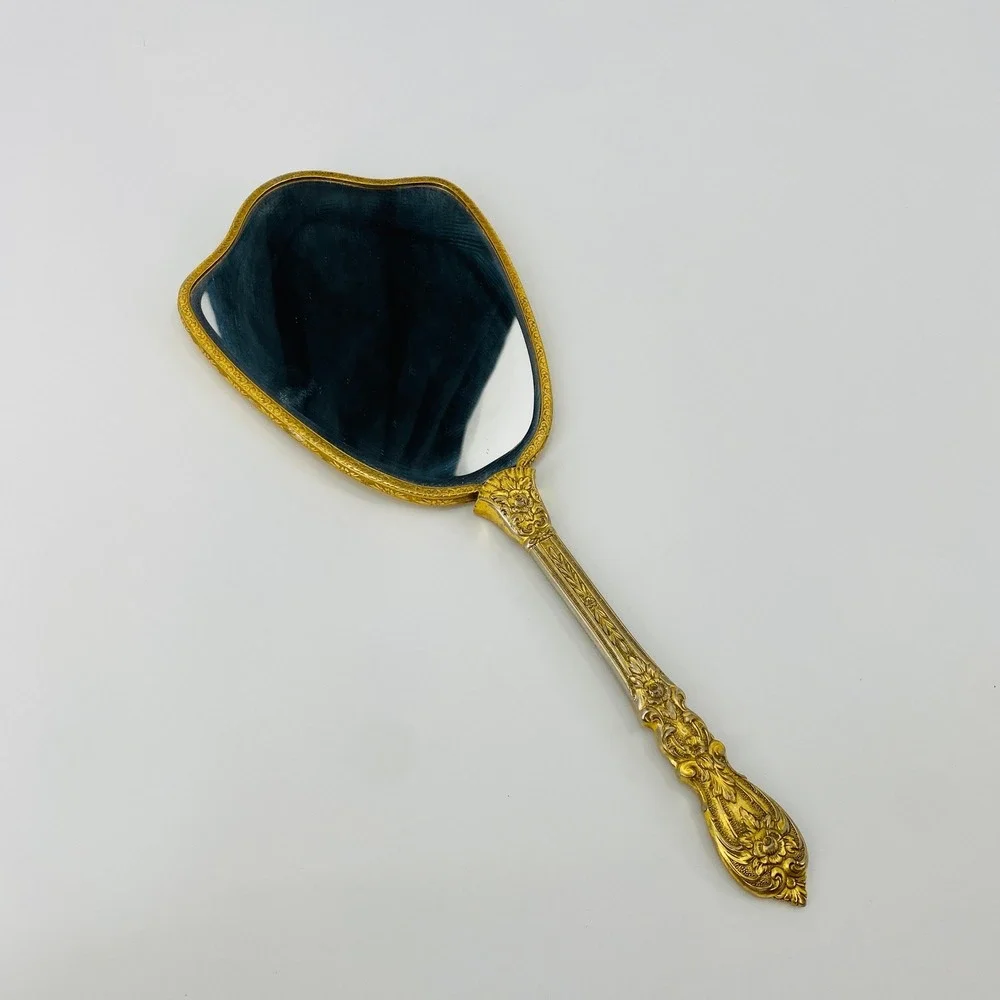 Vintage Hand Mirror Women‎ OS Gold Ornate Floral Petit Point Embroidery Brass